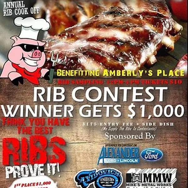 A flyer for Holy Smokes' Annual Rib Cook Off, featuring a cartoon pig chef and grilled ribs.